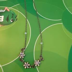 Fiorucci Vintage Gunmetal Tone Floral Station Choker Necklace with Rhinestone Fl